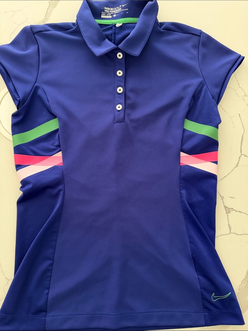 Nike Royal Blue Golf Polo with Green and Pink Accent Stripes